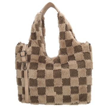 Querformat-Shopper 33,5x48cm in Taupe aus Teddy-Material mit Karomuster und Reißverschluss - leder-accessoires.com