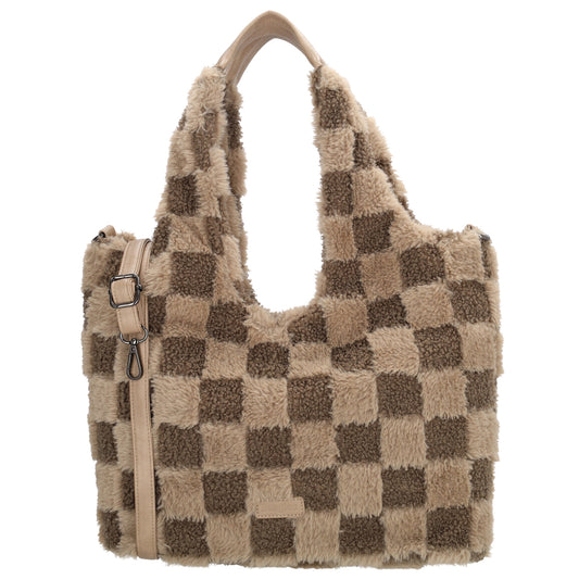 Querformat-Shopper 33,5x48cm in Taupe aus Teddy-Material mit Karomuster und Reißverschluss - leder-accessoires.com