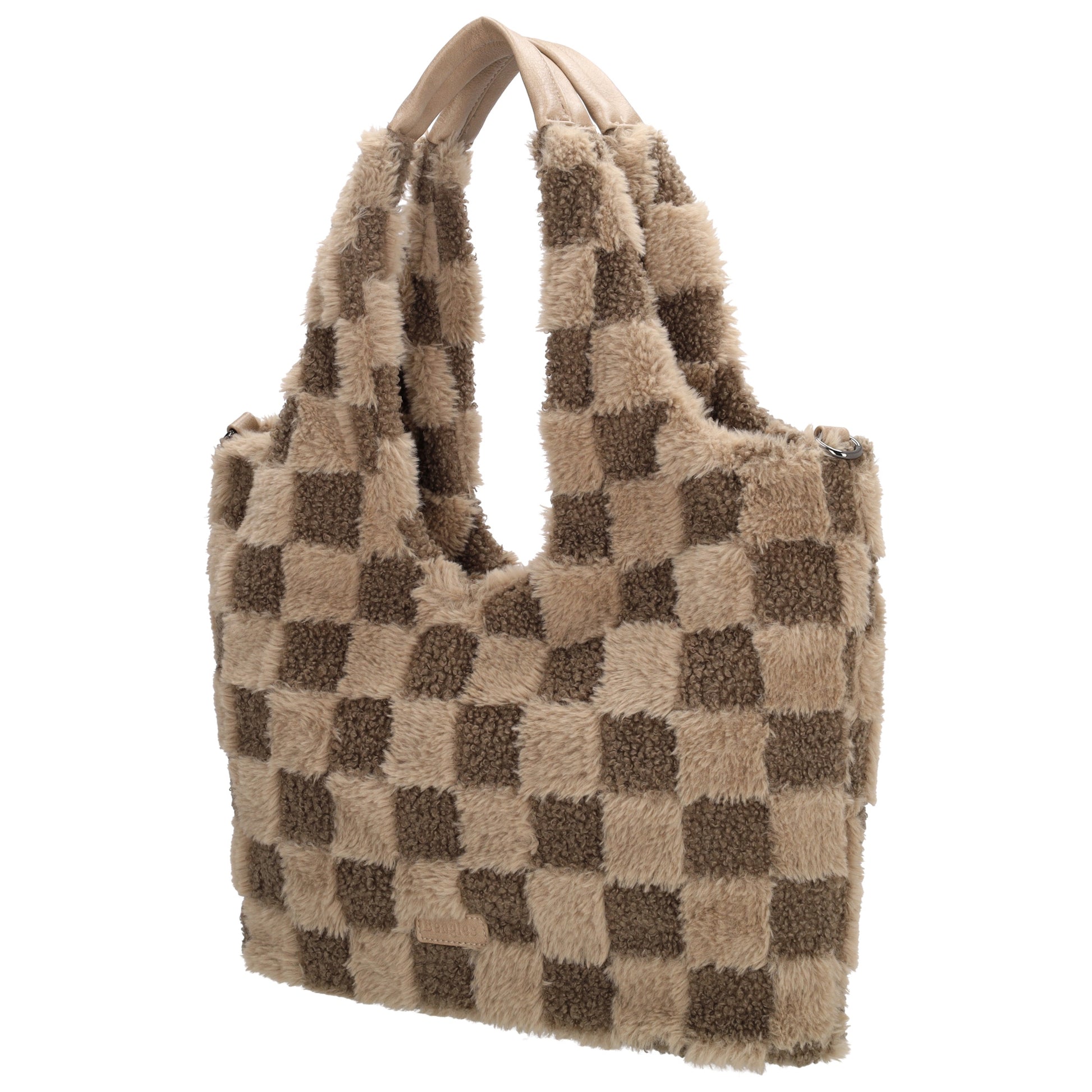 Querformat-Shopper 33,5x48cm in Taupe aus Teddy-Material mit Karomuster und Reißverschluss - leder-accessoires.com