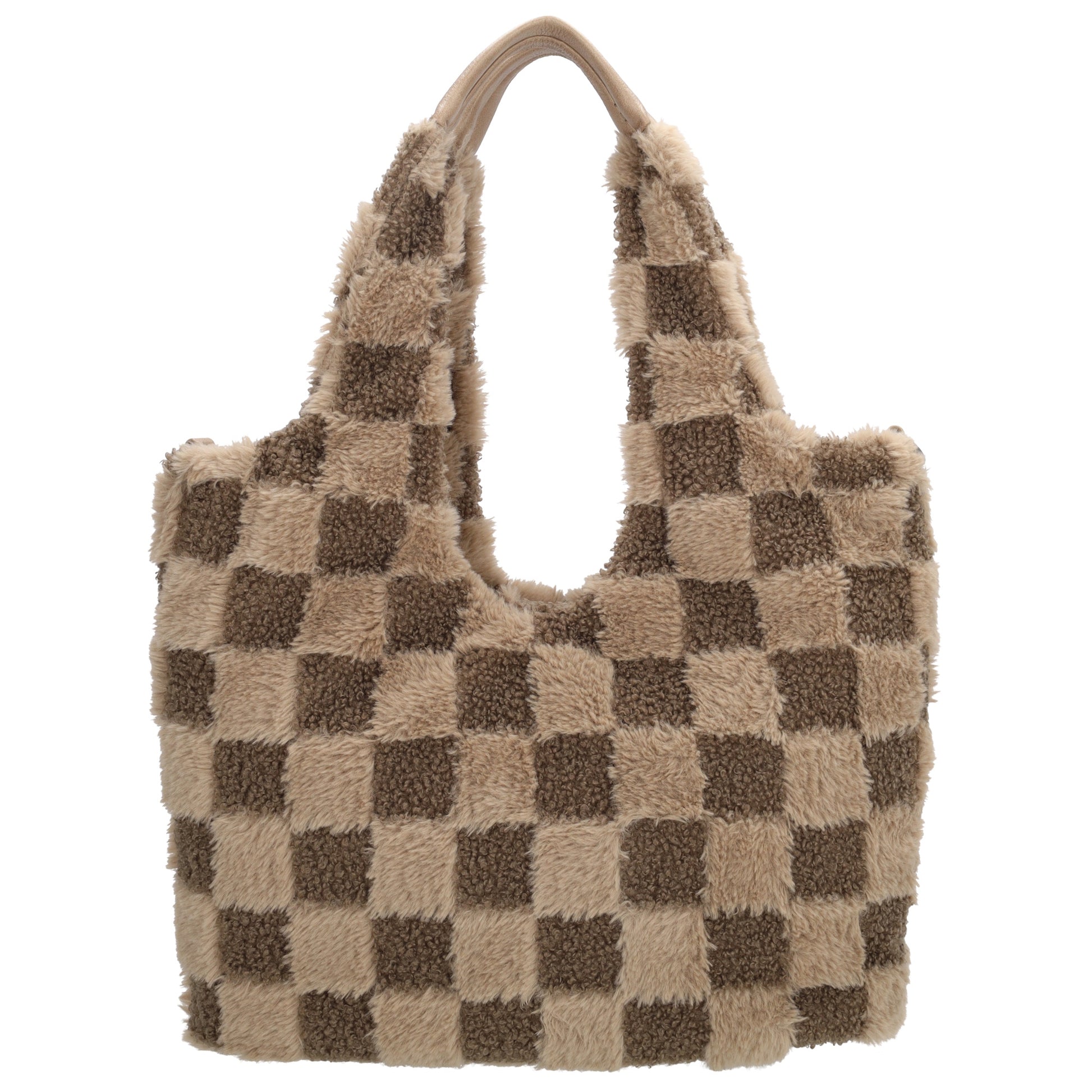 Querformat-Shopper 33,5x48cm in Taupe aus Teddy-Material mit Karomuster und Reißverschluss - leder-accessoires.com