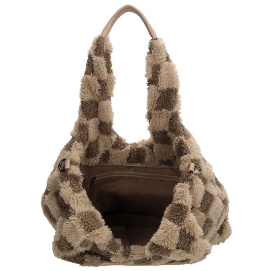 Querformat-Shopper 33,5x48cm in Taupe aus Teddy-Material mit Karomuster und Reißverschluss - leder-accessoires.com