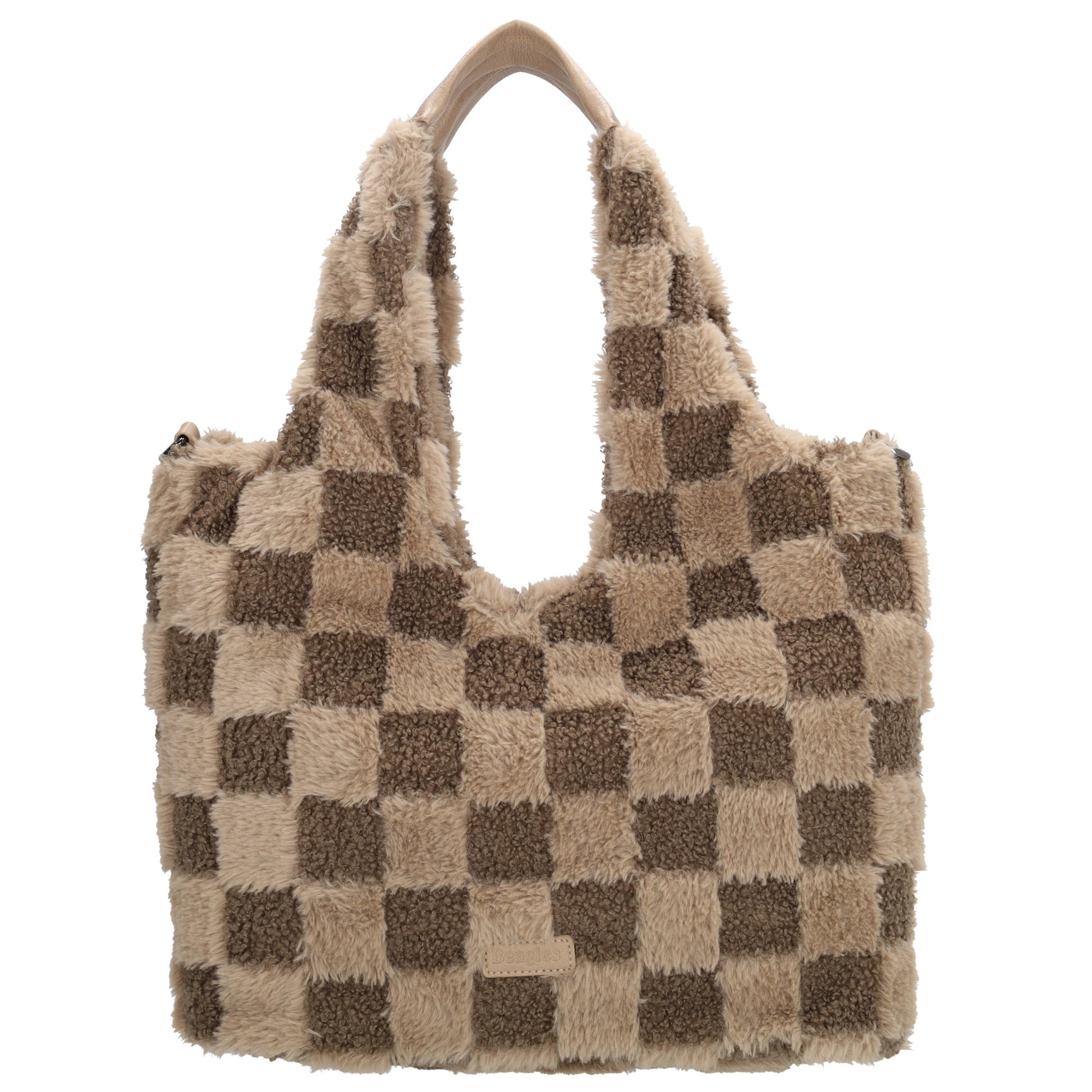 Querformat-Shopper 33,5x48cm in Taupe aus Teddy-Material mit Karomuster und Reißverschluss - leder-accessoires.com