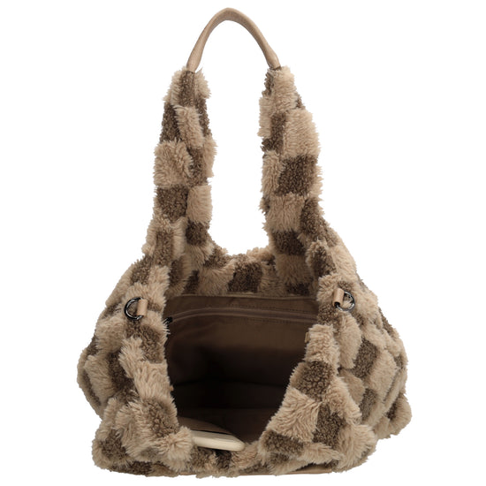 Querformat-Shopper 33,5x48cm in Taupe aus Teddy-Material mit Karomuster und Reißverschluss - leder-accessoires.com