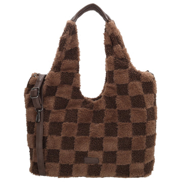 Querformat-Shopper 33,5x48cm in Braun aus Teddy-Material mit Karomuster und Reißverschluss - leder-accessoires.com