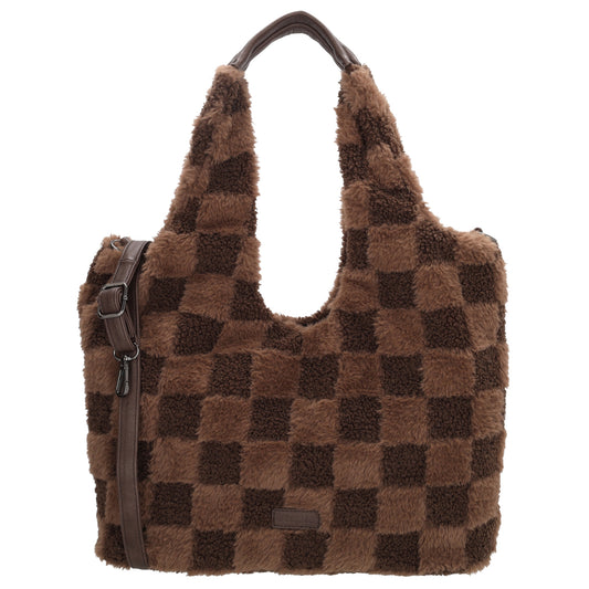 Querformat-Shopper 33,5x48cm in Braun aus Teddy-Material mit Karomuster und Reißverschluss - leder-accessoires.com
