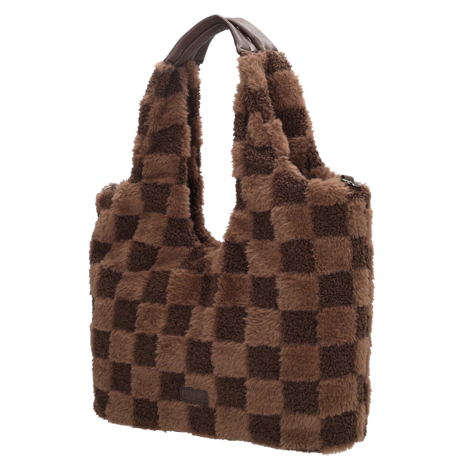 Querformat-Shopper 33,5x48cm in Braun aus Teddy-Material mit Karomuster und Reißverschluss - leder-accessoires.com