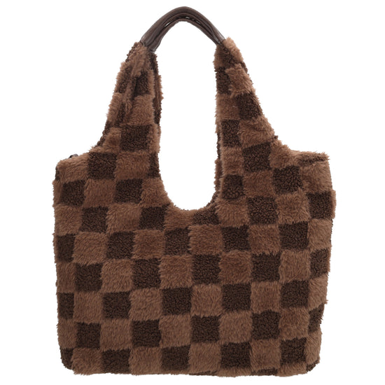 Querformat-Shopper 33,5x48cm in Braun aus Teddy-Material mit Karomuster und Reißverschluss - leder-accessoires.com