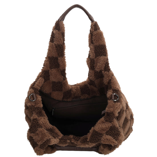 Querformat-Shopper 33,5x48cm in Braun aus Teddy-Material mit Karomuster und Reißverschluss - leder-accessoires.com