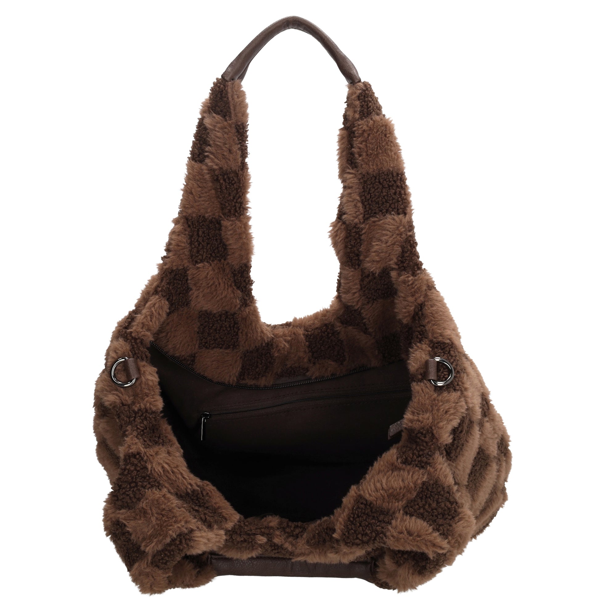 Querformat-Shopper 33,5x48cm in Braun aus Teddy-Material mit Karomuster und Reißverschluss - leder-accessoires.com