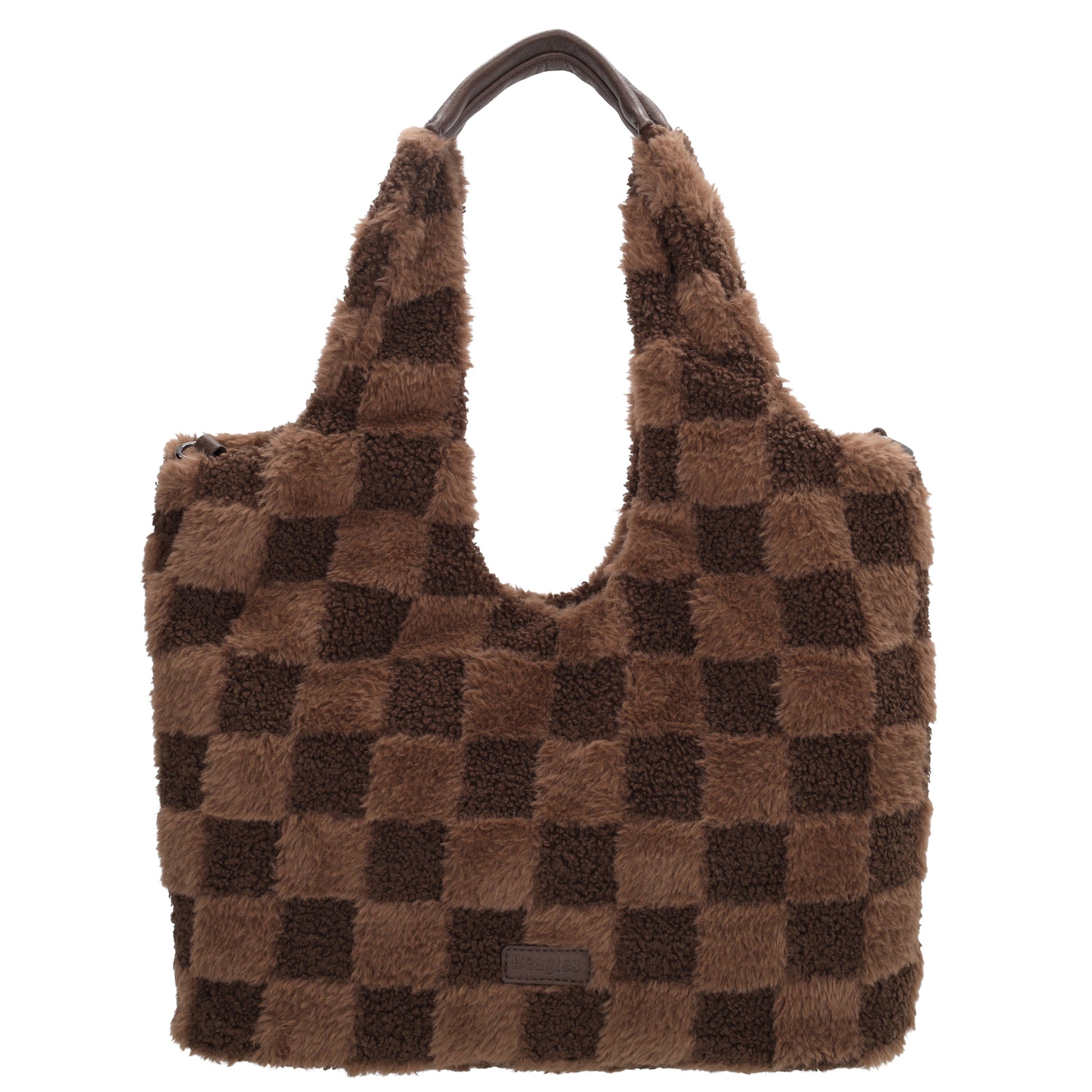 Querformat-Shopper 33,5x48cm in Braun aus Teddy-Material mit Karomuster und Reißverschluss - leder-accessoires.com