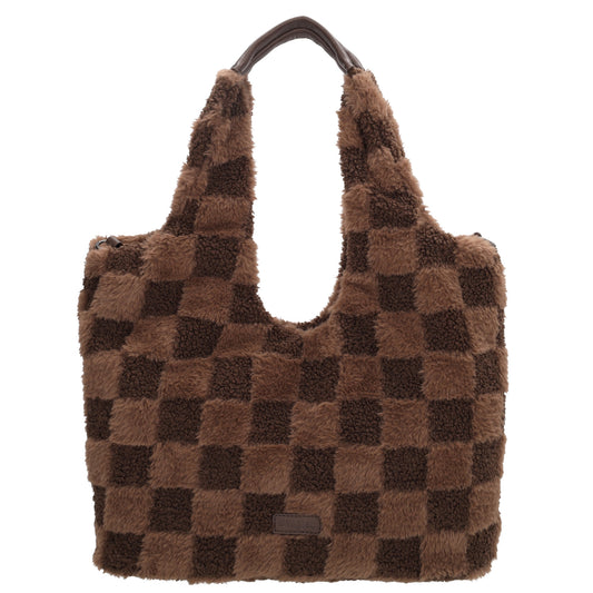 Querformat-Shopper 33,5x48cm in Braun aus Teddy-Material mit Karomuster und Reißverschluss - leder-accessoires.com
