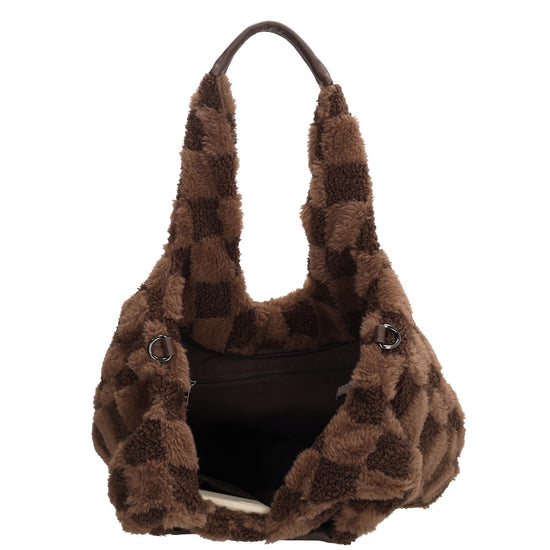 Querformat-Shopper 33,5x48cm in Braun aus Teddy-Material mit Karomuster und Reißverschluss - leder-accessoires.com