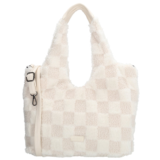 Querformat-Shopper 33,5x48cm in Creme aus Teddy-Material mit Karomuster und Reißverschluss - leder-accessoires.com