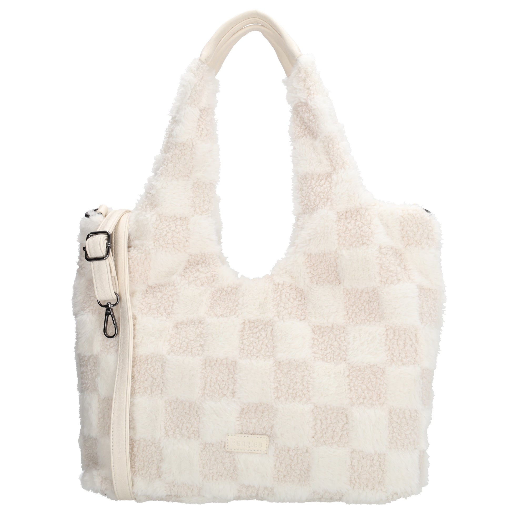 Querformat-Shopper 33,5x48cm in Creme aus Teddy-Material mit Karomuster und Reißverschluss - leder-accessoires.com