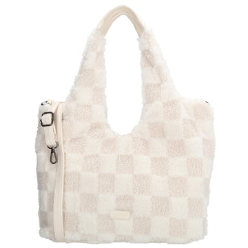 Querformat-Shopper 33,5x48cm in Creme aus Teddy-Material mit Karomuster und Reißverschluss - leder-accessoires.com
