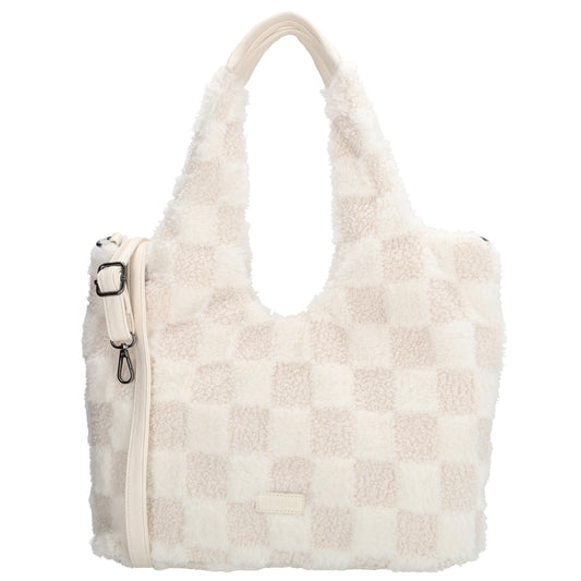 Querformat-Shopper 33,5x48cm in Creme aus Teddy-Material mit Karomuster und Reißverschluss - leder-accessoires.com