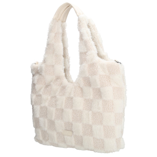 Querformat-Shopper 33,5x48cm in Creme aus Teddy-Material mit Karomuster und Reißverschluss - leder-accessoires.com