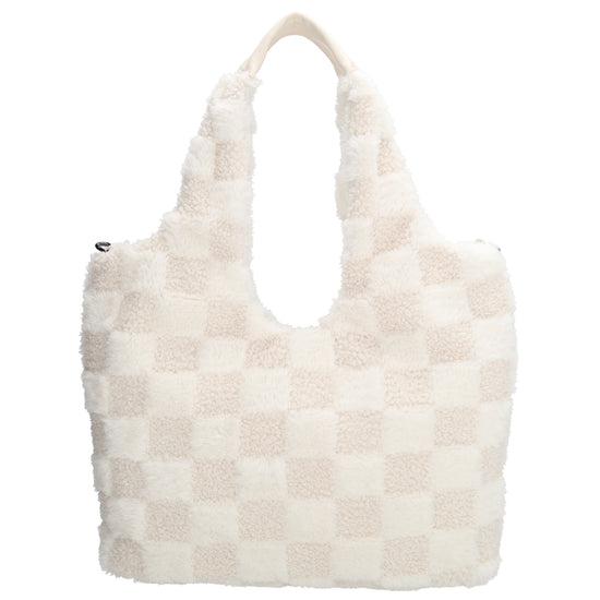 Querformat-Shopper 33,5x48cm in Creme aus Teddy-Material mit Karomuster und Reißverschluss - leder-accessoires.com