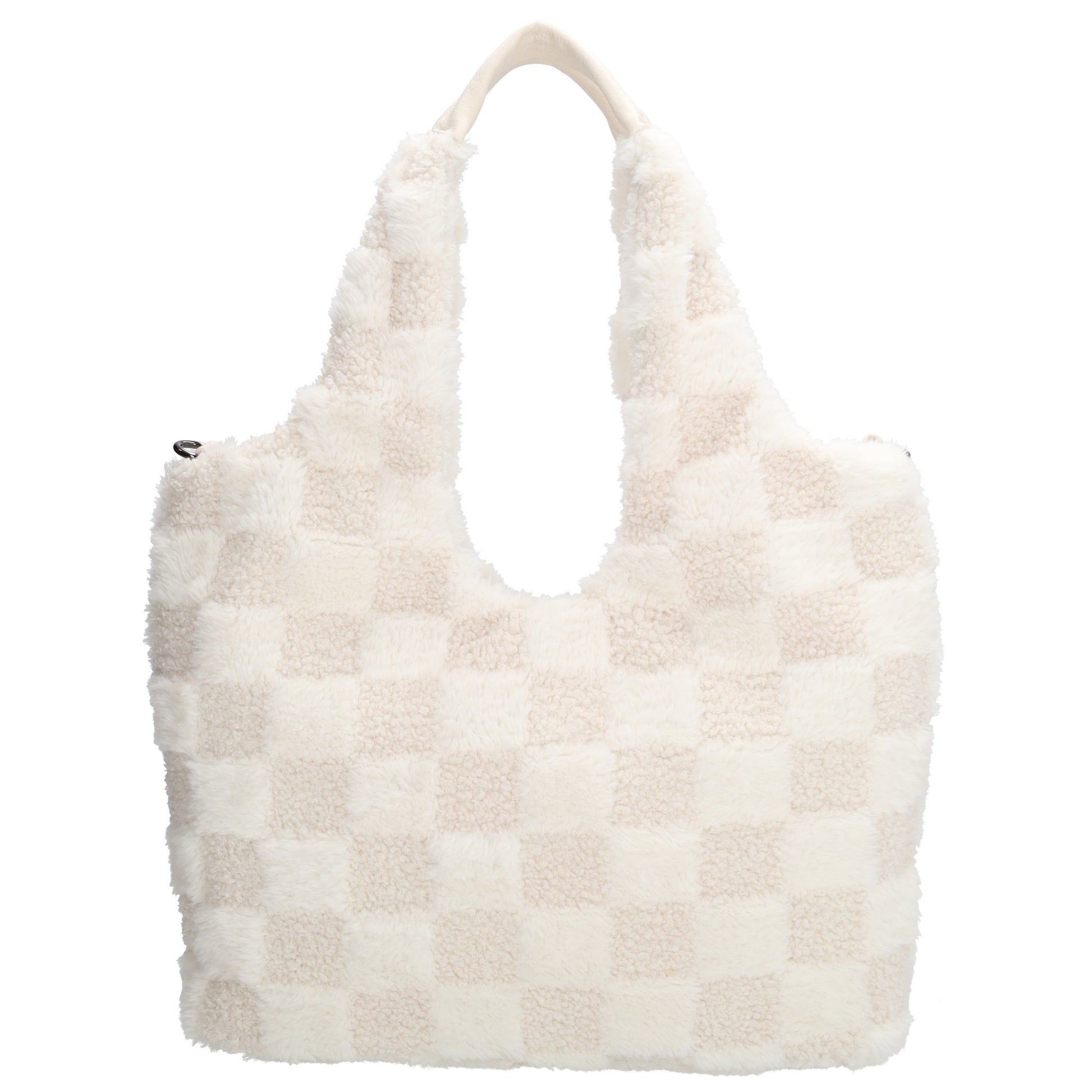 Querformat-Shopper 33,5x48cm in Creme aus Teddy-Material mit Karomuster und Reißverschluss - leder-accessoires.com