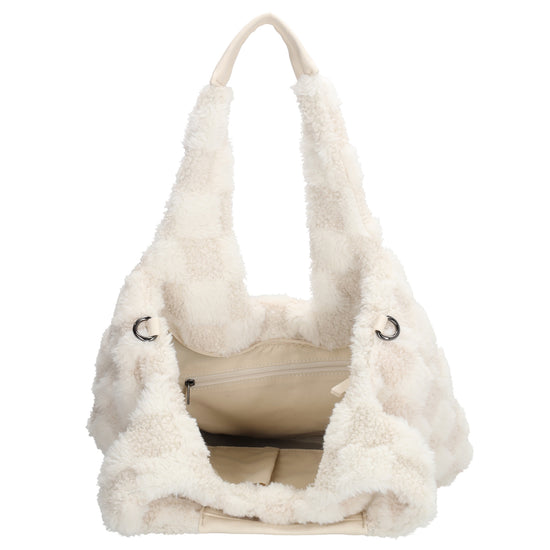 Querformat-Shopper 33,5x48cm in Creme aus Teddy-Material mit Karomuster und Reißverschluss - leder-accessoires.com