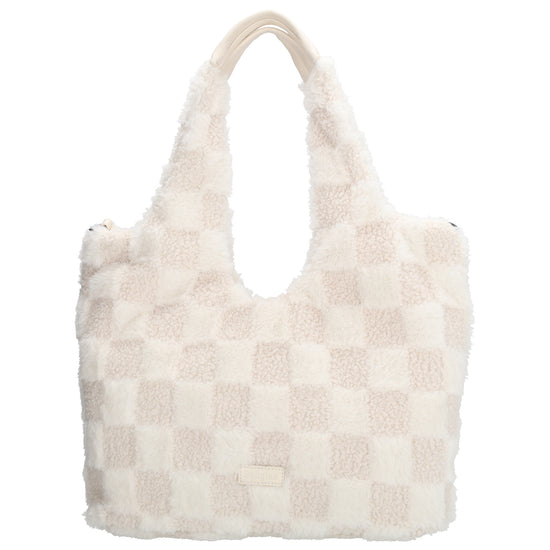 Querformat-Shopper 33,5x48cm in Creme aus Teddy-Material mit Karomuster und Reißverschluss - leder-accessoires.com