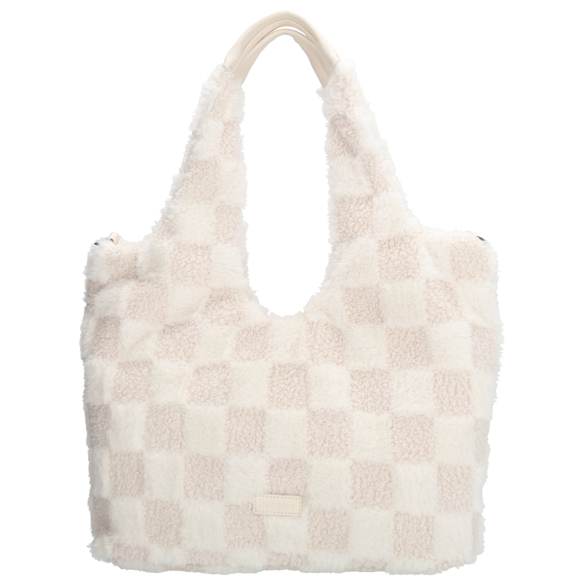 Querformat-Shopper 33,5x48cm in Creme aus Teddy-Material mit Karomuster und Reißverschluss - leder-accessoires.com