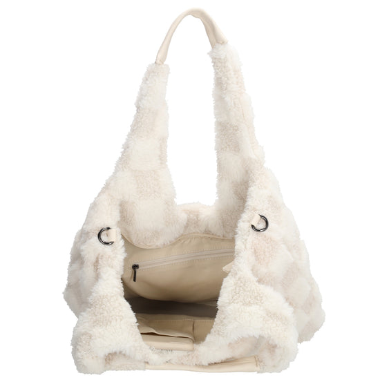 Querformat-Shopper 33,5x48cm in Creme aus Teddy-Material mit Karomuster und Reißverschluss - leder-accessoires.com