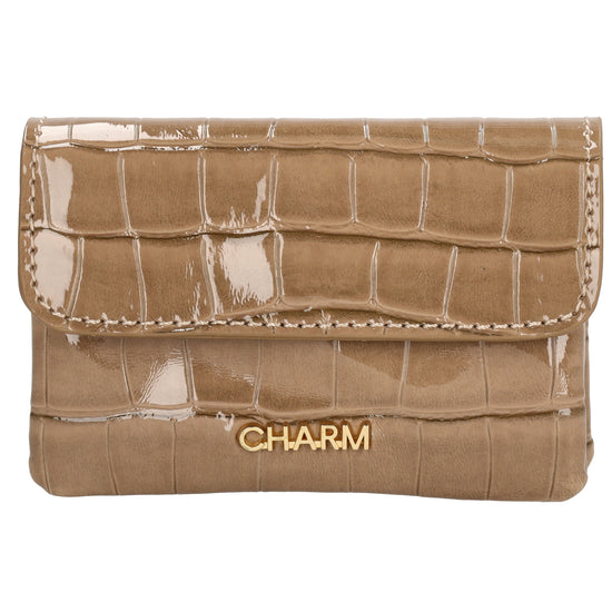 Taupe Lackleder Geldbörse 11x8cm mit Krokoprägung – stilvoll & kompakt - leder-accessoires.com