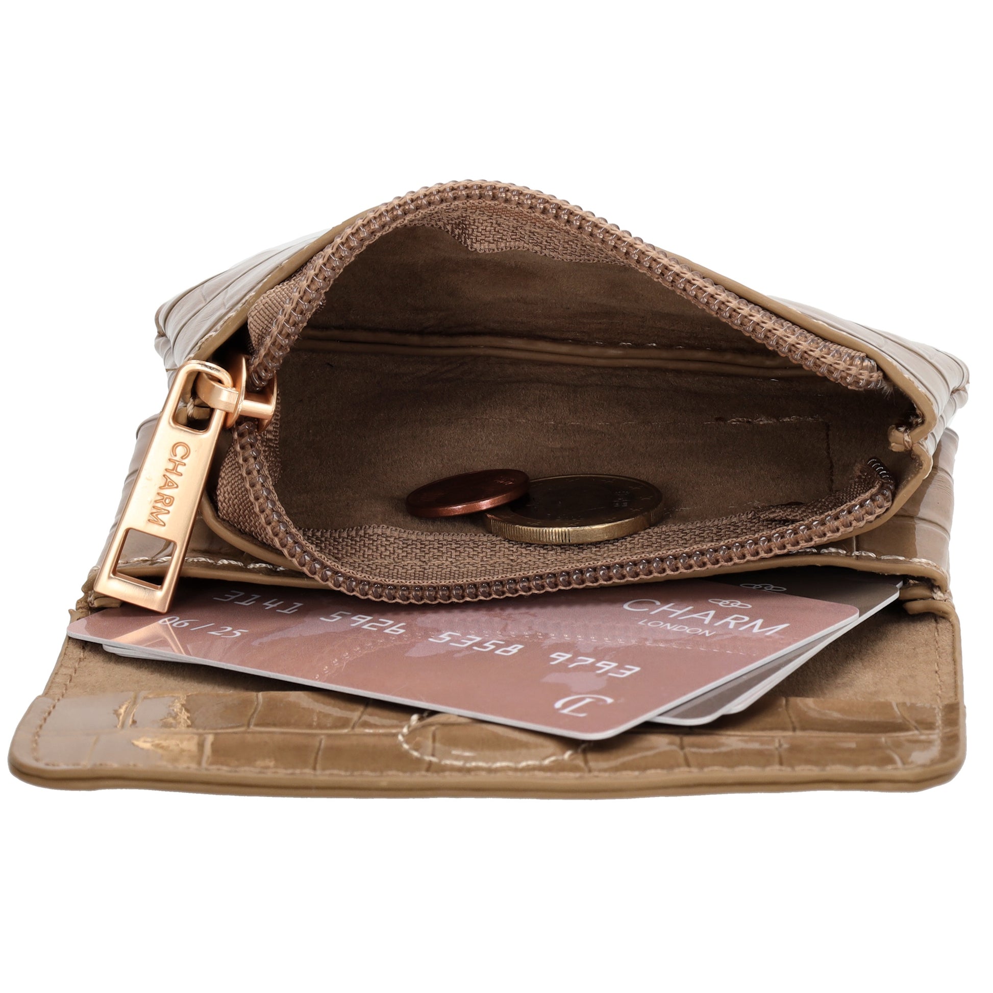 Taupe Lackleder Geldbörse 11x8cm mit Krokoprägung – stilvoll & kompakt - leder-accessoires.com