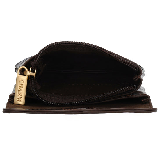 Dunkelbraun Lackleder Geldbörse 11x8cm mit Krokoprägung - leder-accessoires.com