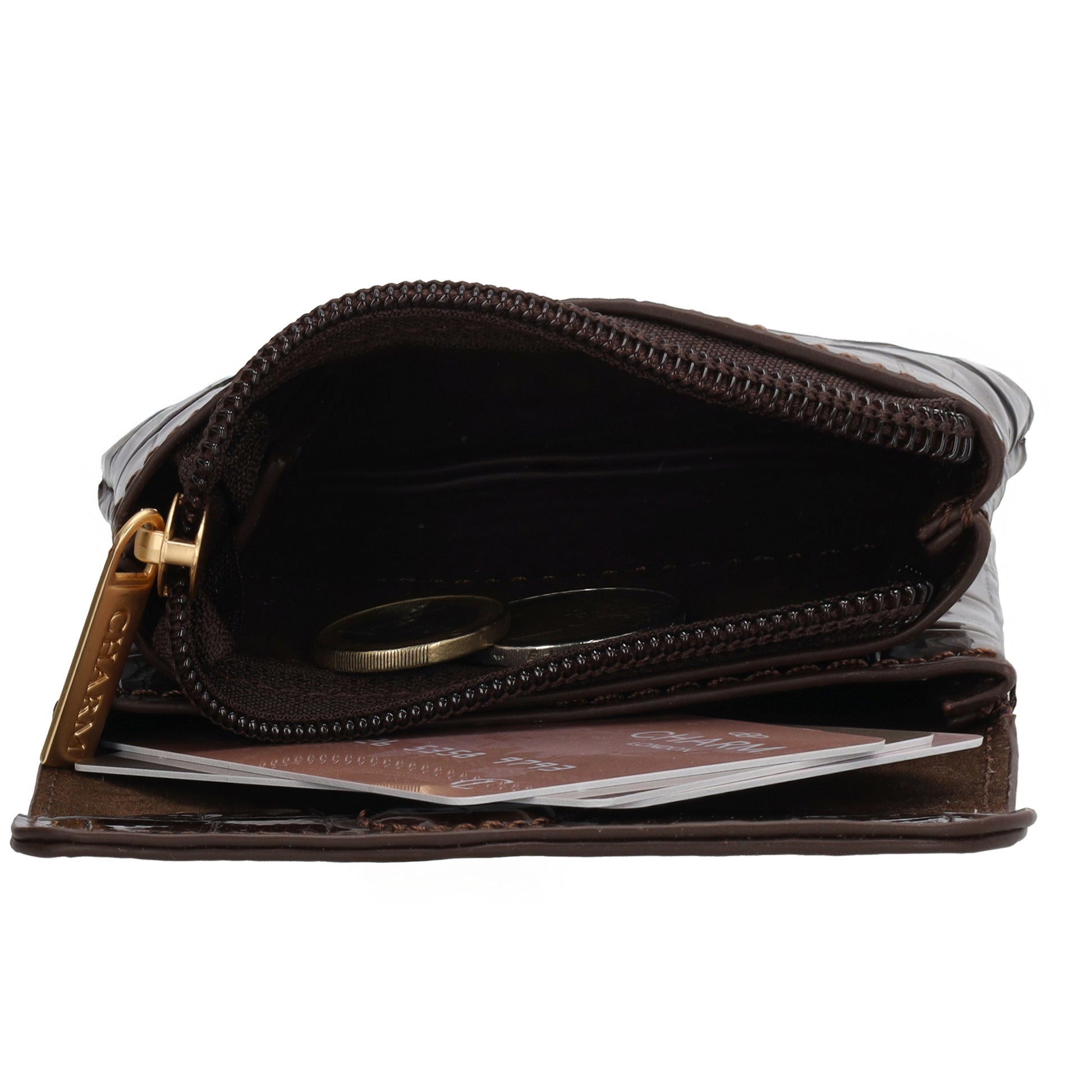 Dunkelbraun Lackleder Geldbörse 11x8cm mit Krokoprägung - leder-accessoires.com