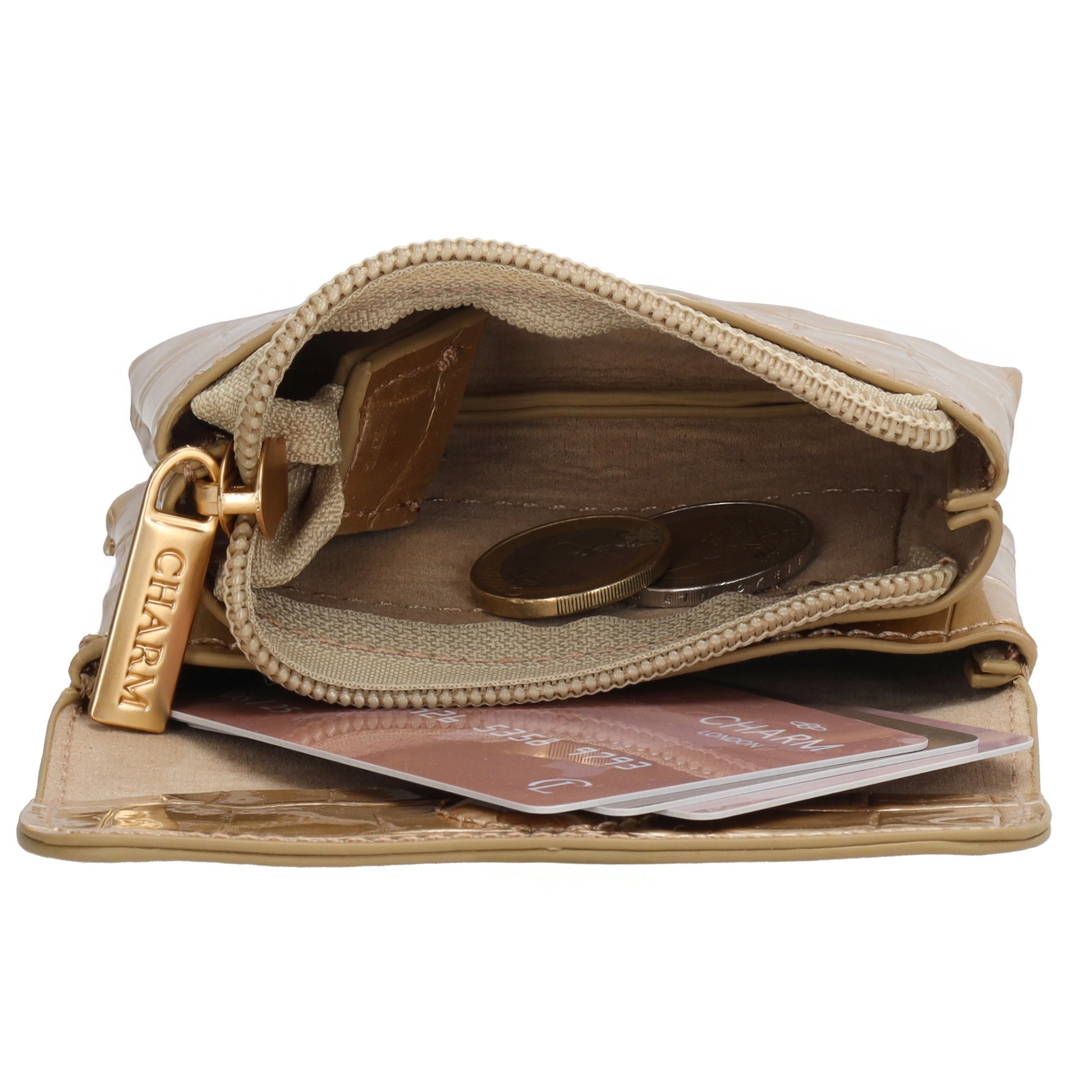 Gold Lackleder Geldbörse 11x8cm mit Krokoprägung – stilvoll & kompakt - leder-accessoires.com