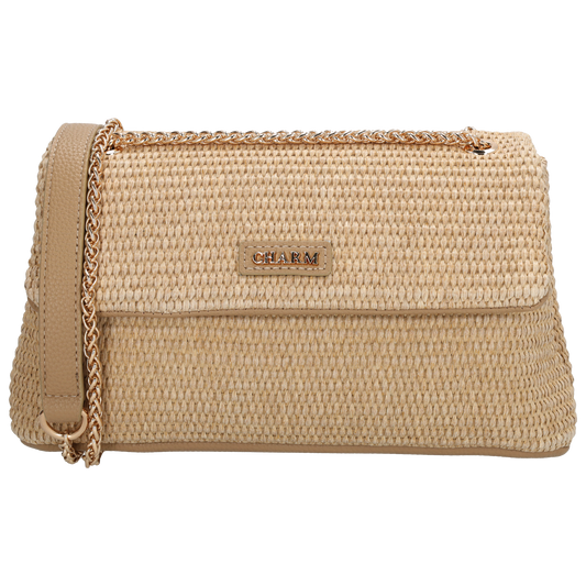 Sommer Tasche 26x16,5cm Damen Beige – Goldkette & praktische Fächer - leder-accessoires.com