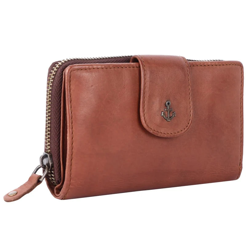 Geldbörse 16x9cm in Cognac mit Reißverschluss und Lasche - leder-accessoires.com