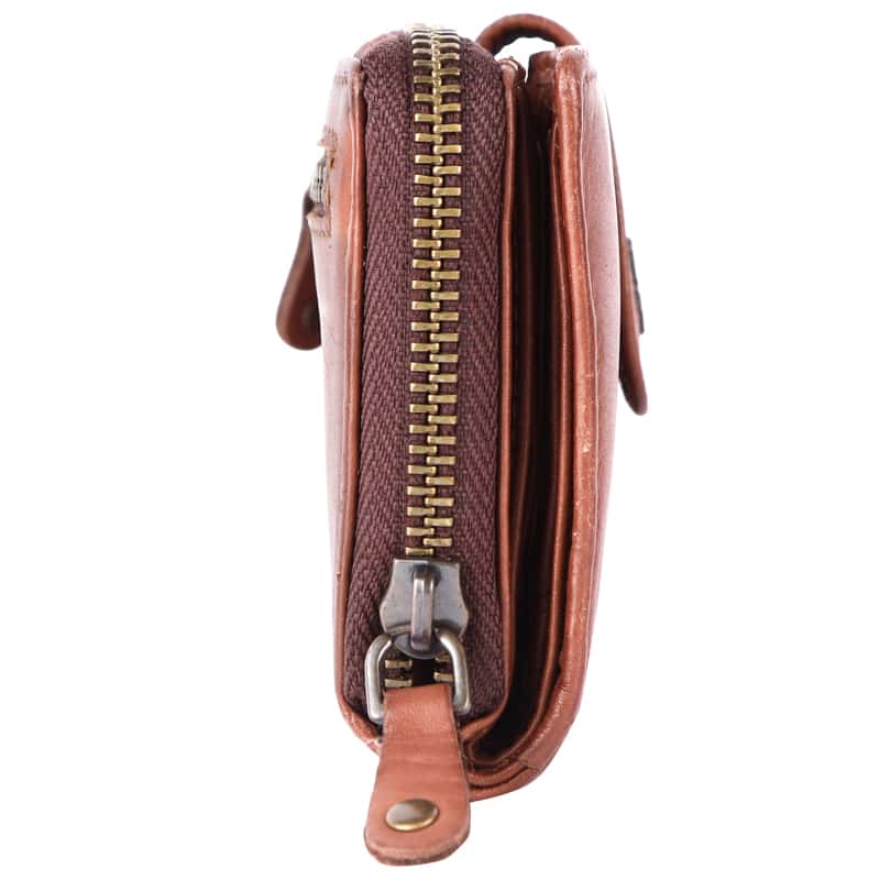 Geldbörse 16x9cm in Cognac mit Reißverschluss und Lasche - leder-accessoires.com