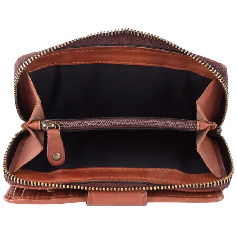 Geldbörse 16x9cm in Cognac mit Reißverschluss und Lasche - leder-accessoires.com