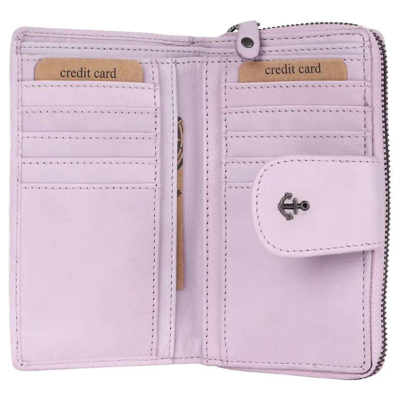 Geldbörse 16x9cm in Flieder mit Reißverschluss und Lasche - leder-accessoires.com