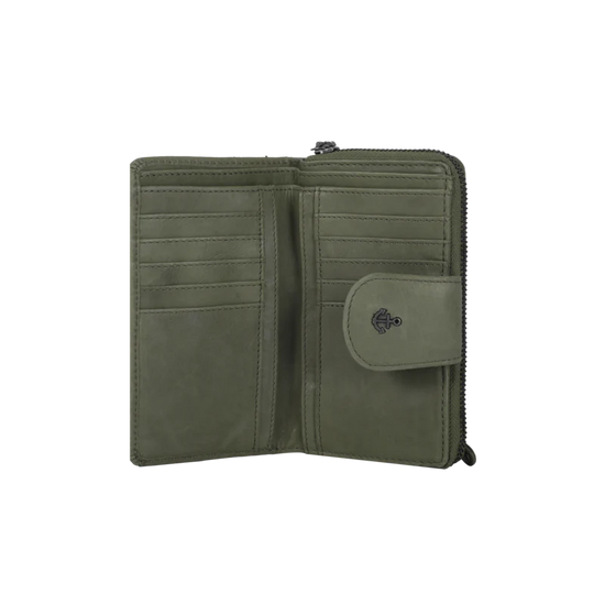 Geldbörse 16x9cm in Grün|Oliv mit Reißverschluss und Lasche - leder-accessoires.com