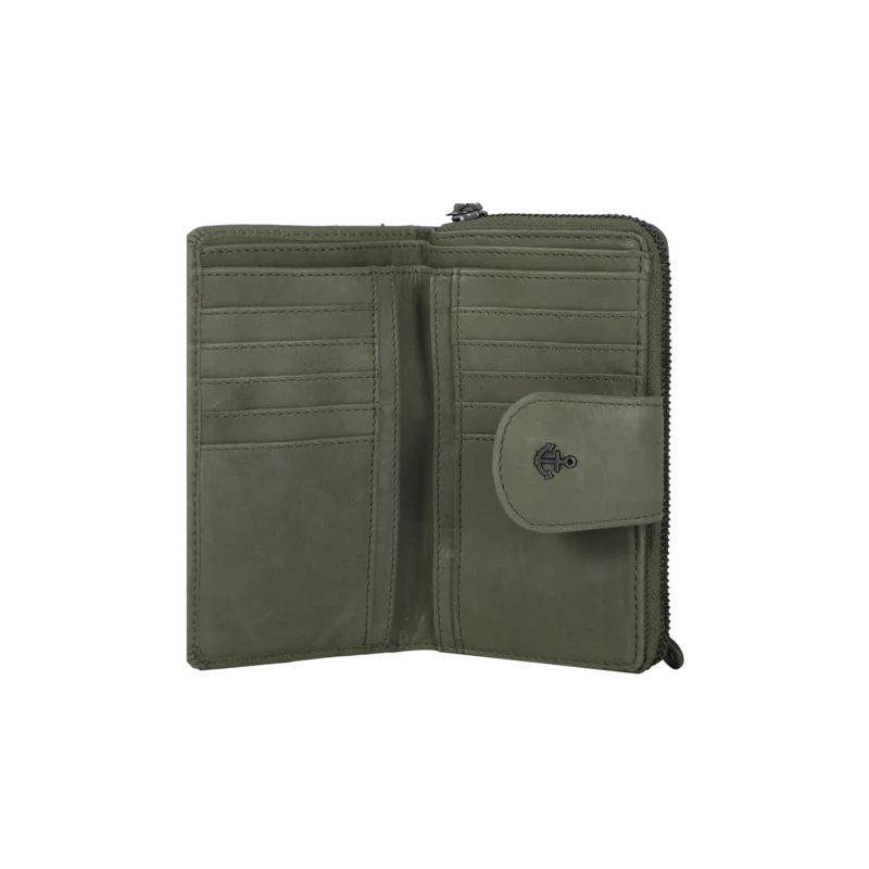 Geldbörse 16x9cm in Grün|Oliv mit Reißverschluss und Lasche - leder-accessoires.com