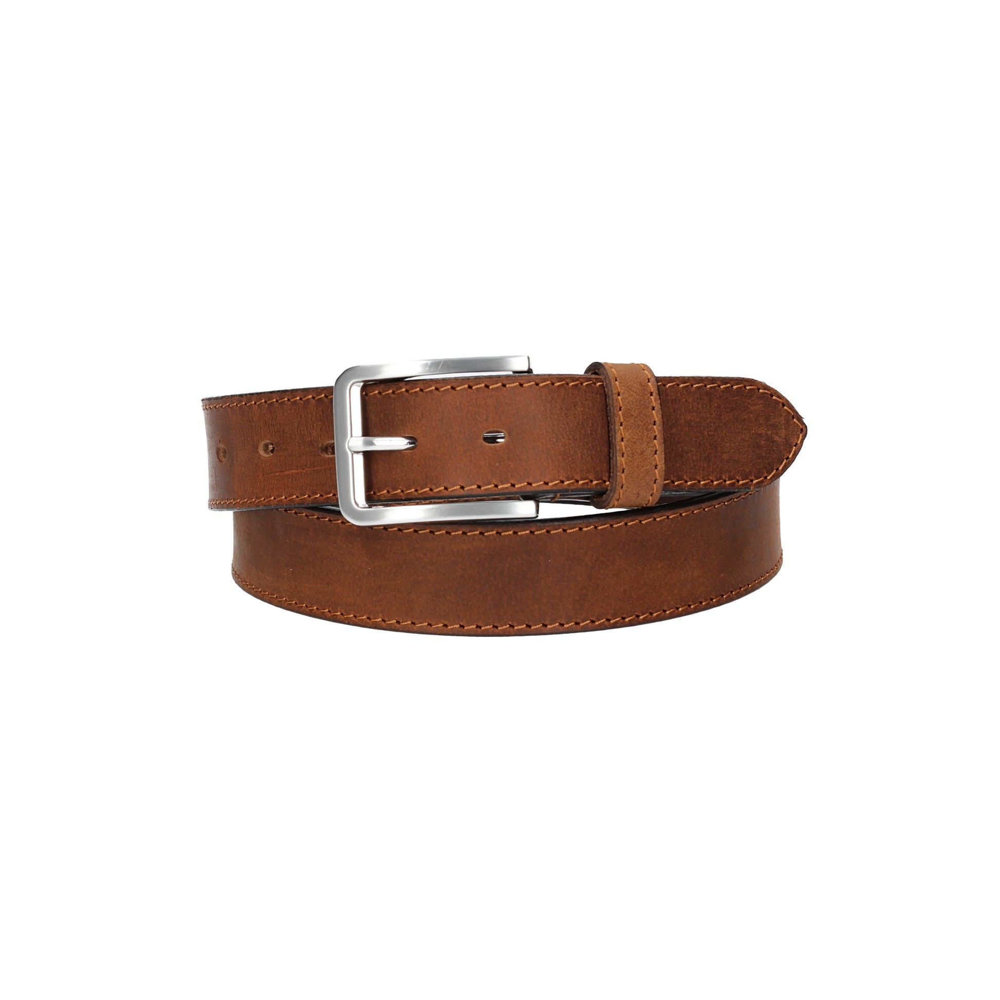 Ledergürtel Cognac 35mm abgenäht mit Dornschließe in Silber - leder-accessoires.com