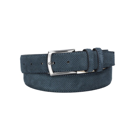 Herren-|Anzugsgürtel 35mm Blau abgenäht in Veloursleder bombiert mit Lochmuster - leder-accessoires.com