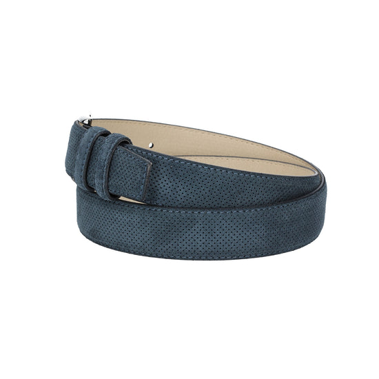 Herren-|Anzugsgürtel 35mm Blau abgenäht in Veloursleder bombiert mit Lochmuster - leder-accessoires.com
