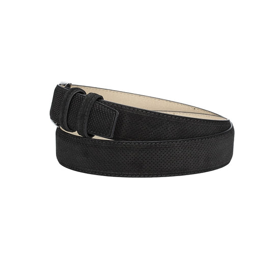 Herren-|Anzugsgürtel 35mm Schwarz abgenäht in Veloursleder bombiert mit Lochmuster - leder-accessoires.com