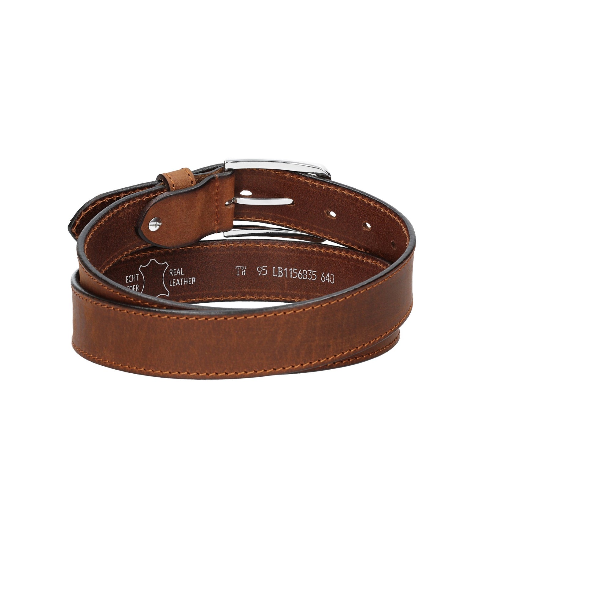 Ledergürtel Cognac 35mm abgenäht mit Dornschließe in Silber - leder-accessoires.com