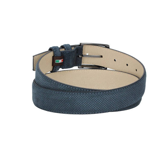 Herren-|Anzugsgürtel 35mm Blau abgenäht in Veloursleder bombiert mit Lochmuster - leder-accessoires.com