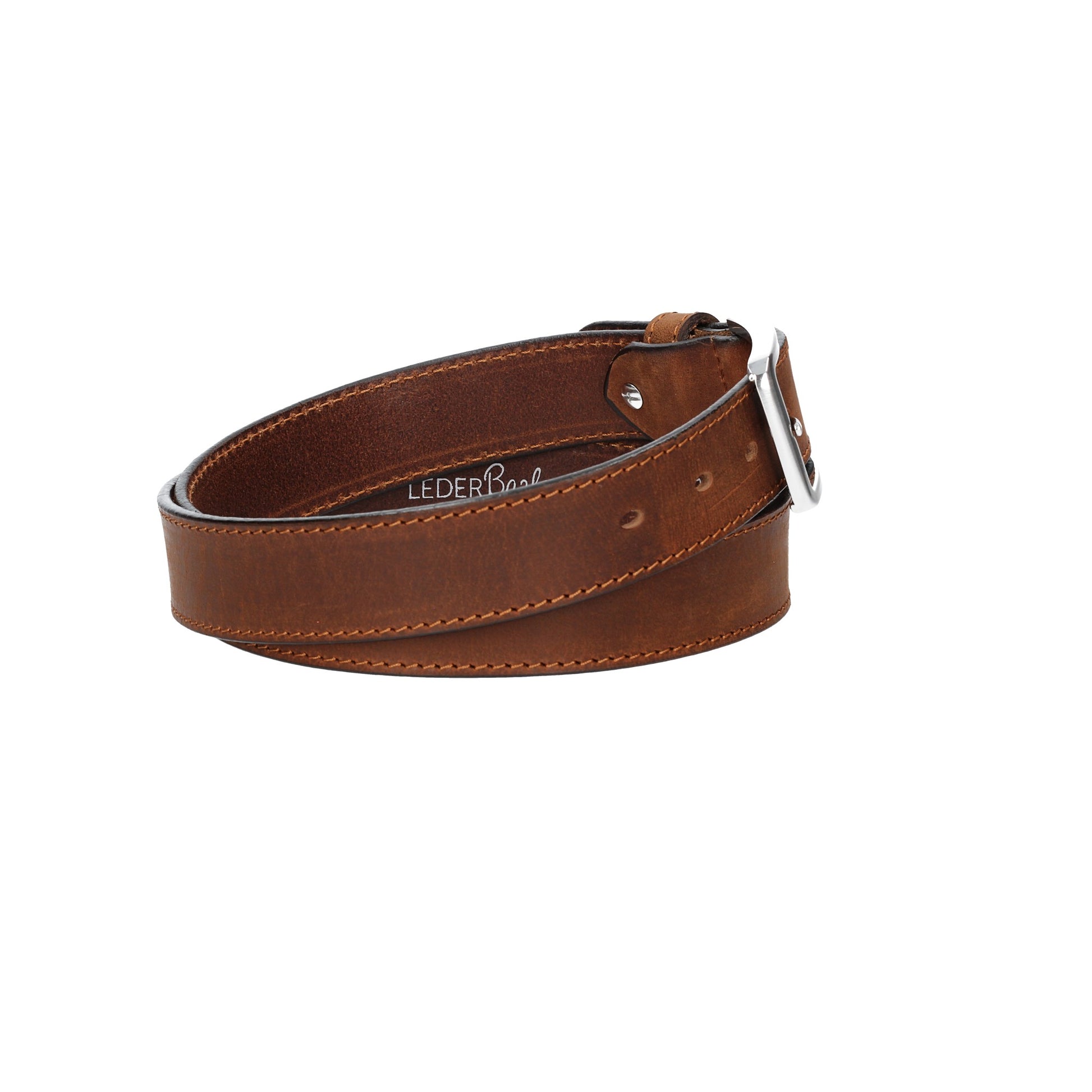 Ledergürtel Cognac 35mm abgenäht mit Dornschließe in Silber - leder-accessoires.com