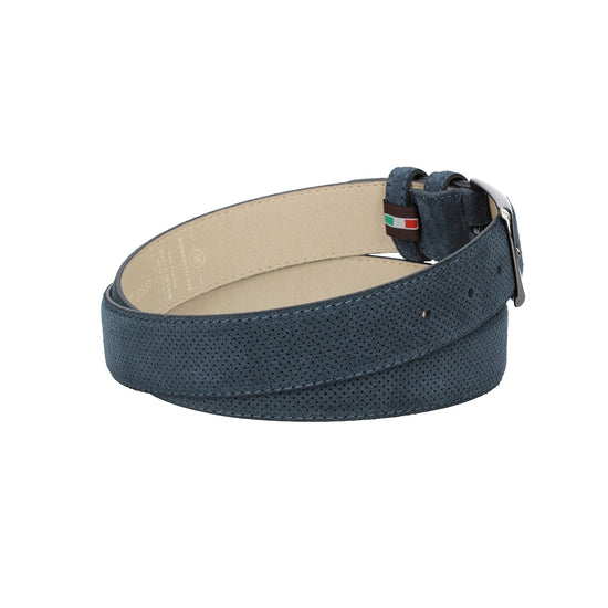 Herren-|Anzugsgürtel 35mm Blau abgenäht in Veloursleder bombiert mit Lochmuster - leder-accessoires.com