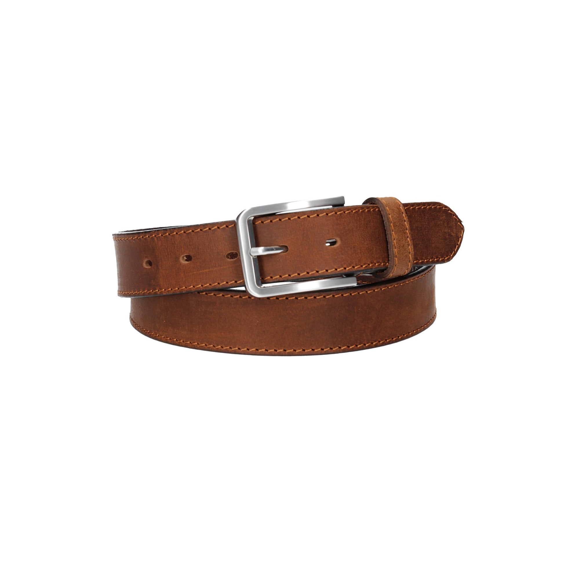 Ledergürtel Cognac 35mm abgenäht mit Dornschließe in Silber - leder-accessoires.com