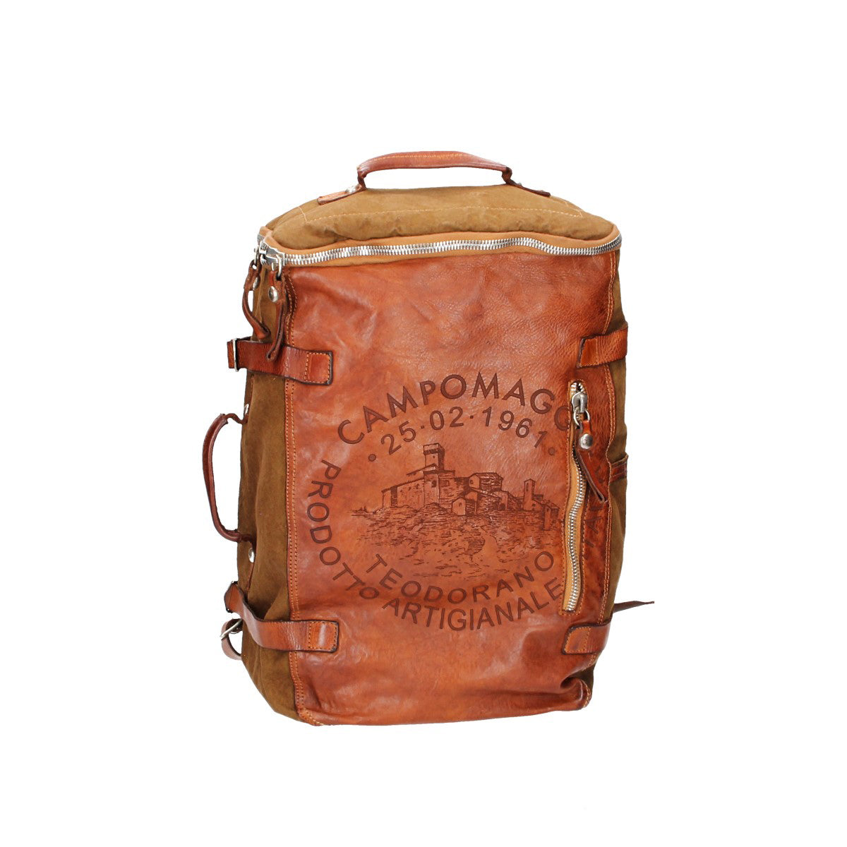 Rucksack/Koffer "Marte“ aus Canvas in Militärgrün und Leder in Cognac