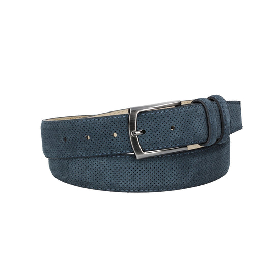 Herren-|Anzugsgürtel 35mm Blau abgenäht in Veloursleder bombiert mit Lochmuster - leder-accessoires.com